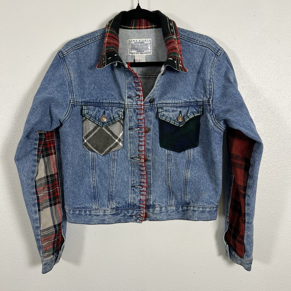 Jordache Original 90's Denim Jacket Plaid Patchwork Customβ Red Stitching Size M